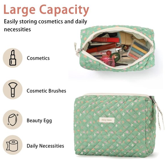 Women Kawaii Floral Cosmetic Large Travel Toiletry Cosmetic Pouch Creamy Green - Picture 3 of 8